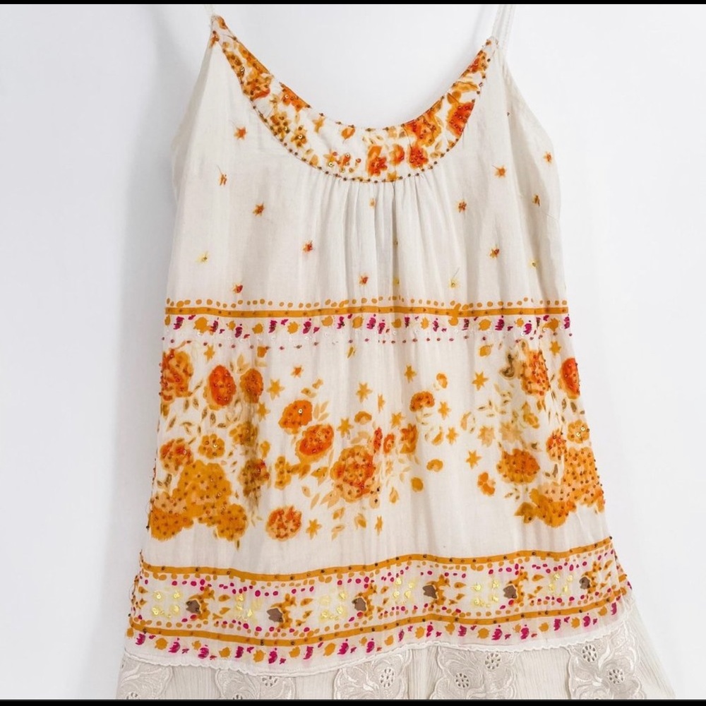 Free People Boho Beaded Sundress Mini Ivory Orange Embroidered Swing Dress Sz 0 - Picture 4 of 9